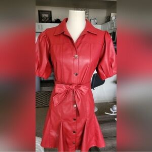 Red Faux Leather Button-Up Dress